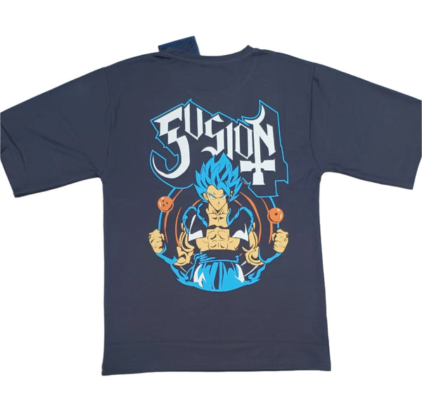 Blue Stylish T-Shirt Front & Back Printed Oversize (Down Shoulder)