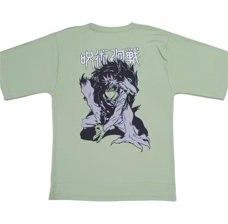 Light Green Stylish T-Shirt Front & Back Printed Oversize (Down Shoulder)