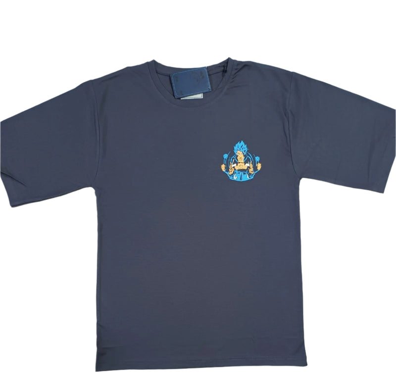 Blue Stylish T-Shirt Front & Back Printed Oversize (Down Shoulder)