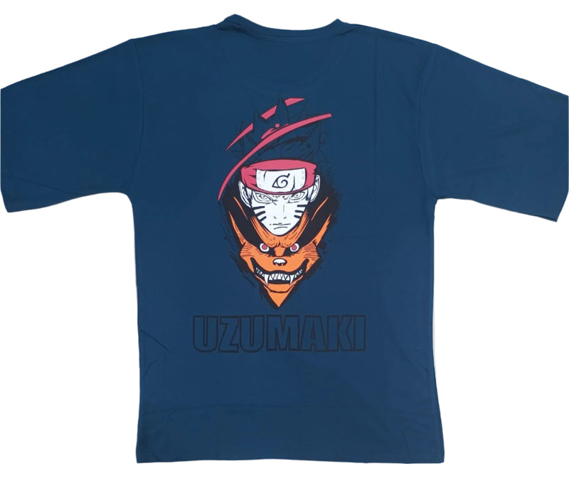 Dark Blue Stylish T-Shirt Front & Back Printed Oversize (Down Shoulder)