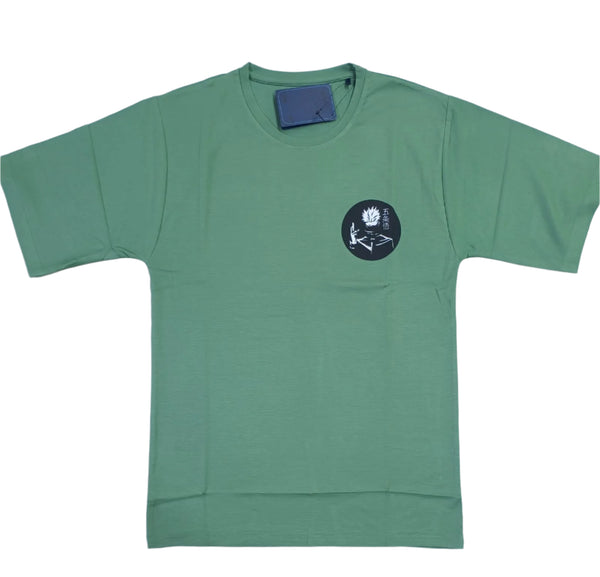 Dark Green Stylish T-Shirt Front & Back Printed Oversize (Down Shoulder)
