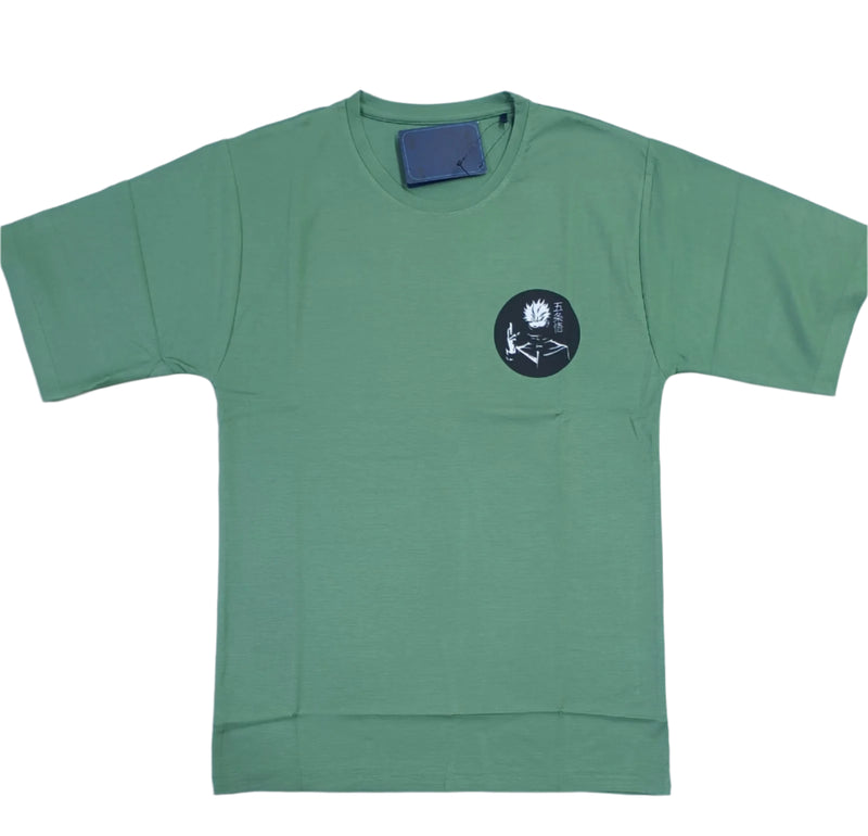 Dark Green Stylish T-Shirt Front & Back Printed Oversize (Down Shoulder)