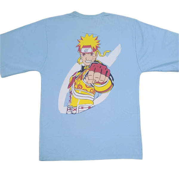 Light Blue Stylish T-Shirt Front & Back Printed Oversize (Down Shoulder)