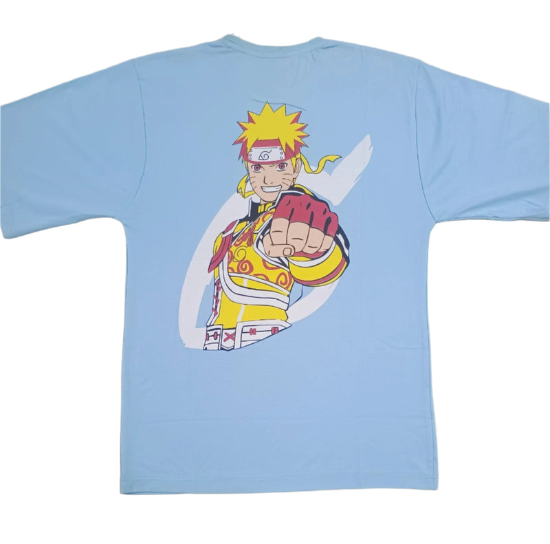 Light Blue Stylish T-Shirt Front & Back Printed Oversize (Down Shoulder)