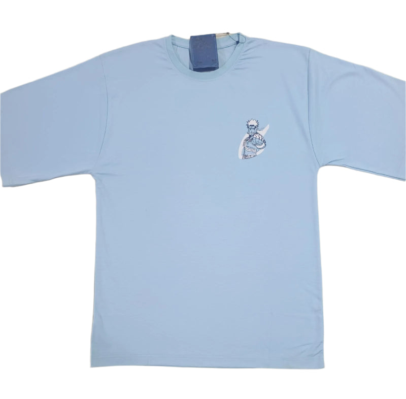 Light Blue Stylish T-Shirt Front & Back Printed Oversize (Down Shoulder)