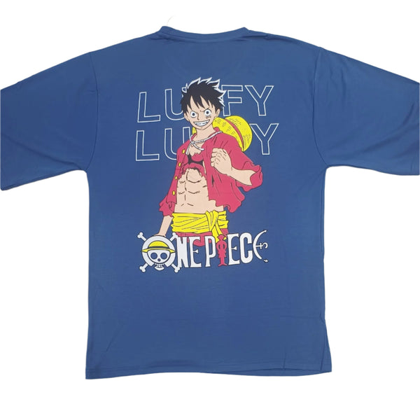 Blue Stylish T-Shirt Front & Back Printed Oversize (Down Shoulder)
