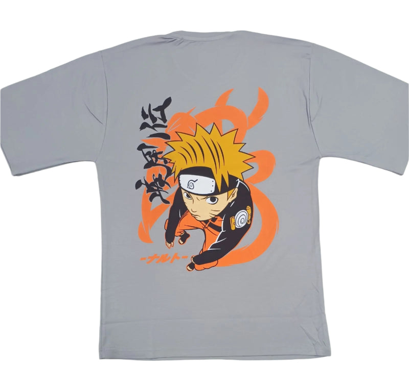 Grey Stylish T-Shirt Front & Back Printed Oversize (Down Shoulder)