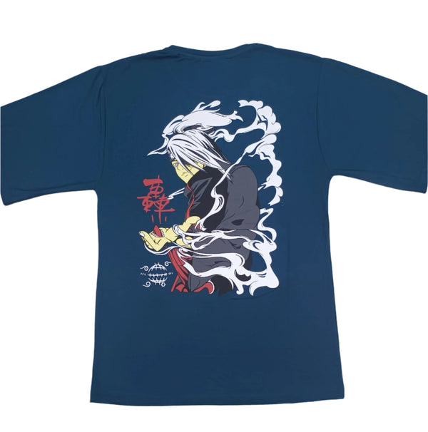 Dark Blue Stylish T-Shirt Front & Back Printed Oversize (Down Shoulder)